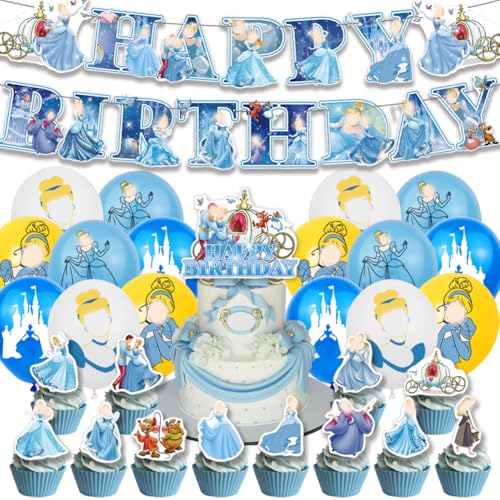 Babioms Cinderella Ballons Geburtstagsdeko 32Pcs Luftballons Prinzessin Geburtstagsfeier Happy Birthday Banner Cake Topper Ballons für Kinder Deko Geburtstag von Babioms