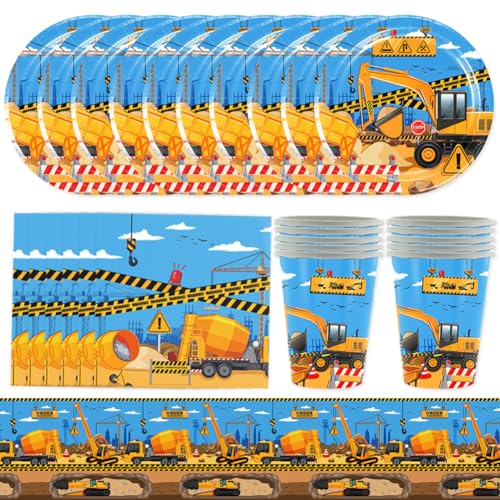 Babioms Konstruktion Party Geschirr Set Bagger Teller Set Bagger Party Geschirr Baustellenfahrzeuge Pappteller Becher Servietten Tischdecke Kindergeburtstag Deko für 10 Gäste von Babioms