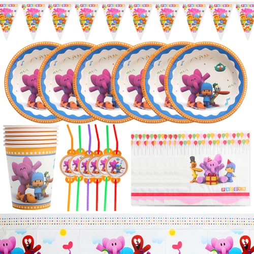 Babioms Pocoyo Gebutstag Party Set 42 Stück Partygeschirr Set Birthday Party Set mit Pocoyo Teller Becher Servietten Tischdecke Trinkhalme Messer Gabel Kindergeburtstag Set von Babioms