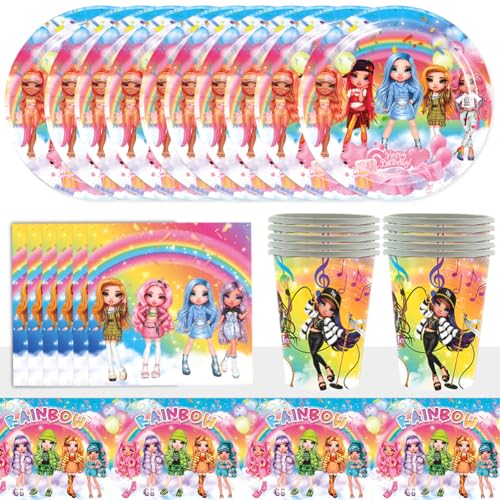 Babioms Rainbow Dolls Deko Geburtstag Partygeschirr Set, 71pcs Rainbow Dolls High Geburtstag Deko Party Supplies Set, Kindergeburtstag Geschirr Pappteller Becher für Partys Geburtstage von Babioms