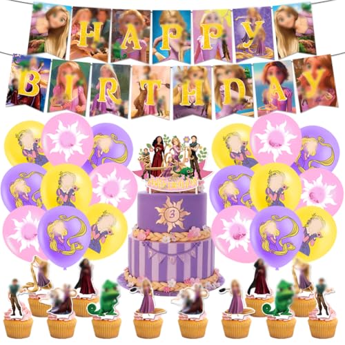 Babioms Rapunzel Geburtstagsdeko Party Luftballons, 32Pcs Rapunzel Partyzubehör, Prinzessin Tangled Thema Dekoration Geburtstag Rapunzel Party Supplies Banner Cake Topper Ballon für Geburtstagsfeier von Babioms