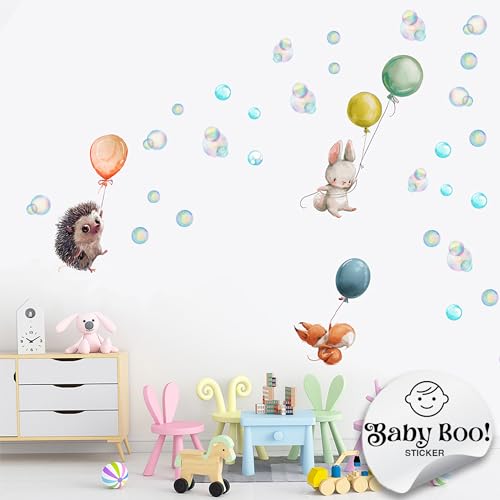 Baby Boo!® Wandtattoo Kinderzimmer, Igel, Fuchs und Kaninchen mit Luftballons, Kinderzimmer Deko, Babyzimmer Deko, Sticker Kinderzimmer, Wandaufkleber Kinderzimmer, PVC, Wanddeko (90 x 30 cm) von Baby Boo!