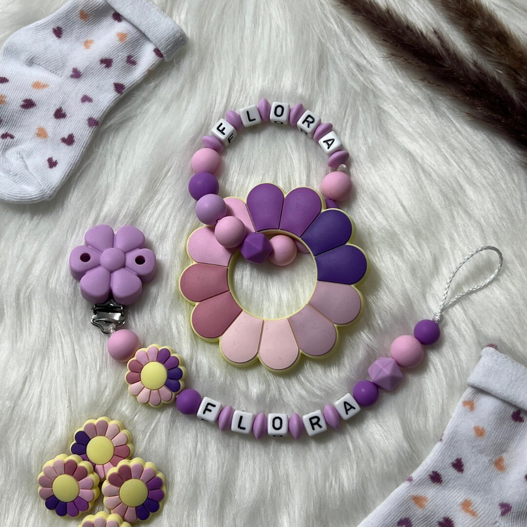 Schnullerkette Mit Namen | Set M | Greifling, Schnullerkette, Design Blume Personalisiert Unikat Handgefertigt Geschenk von BabyKettchen