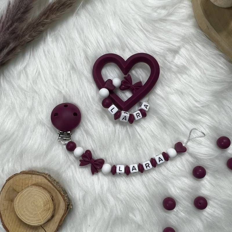 Schnullerkette Mit Namen | Set M | Greifling, Schnullerkette, Design Dark Red Personalisiert Unikat Handgefertigt Geschenk von BabyKettchen