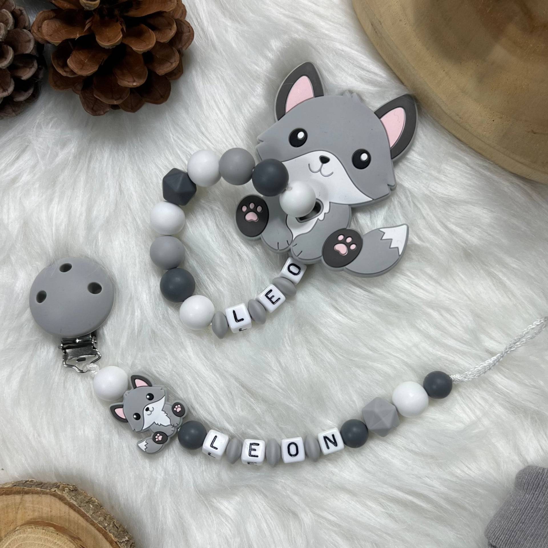 Schnullerkette Mit Namen | Set M | Greifling, Schnullerkette, Design Fuchs Personalisiert Unikat Handgefertigt Geschenk von BabyKettchen