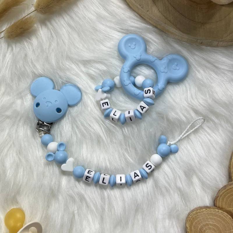 Schnullerkette Mit Namen | Set M | Greifling, Schnullerkette, Design Himmelblau Personalisiert Unikat Handgefertigt Geschenk von BabyKettchen