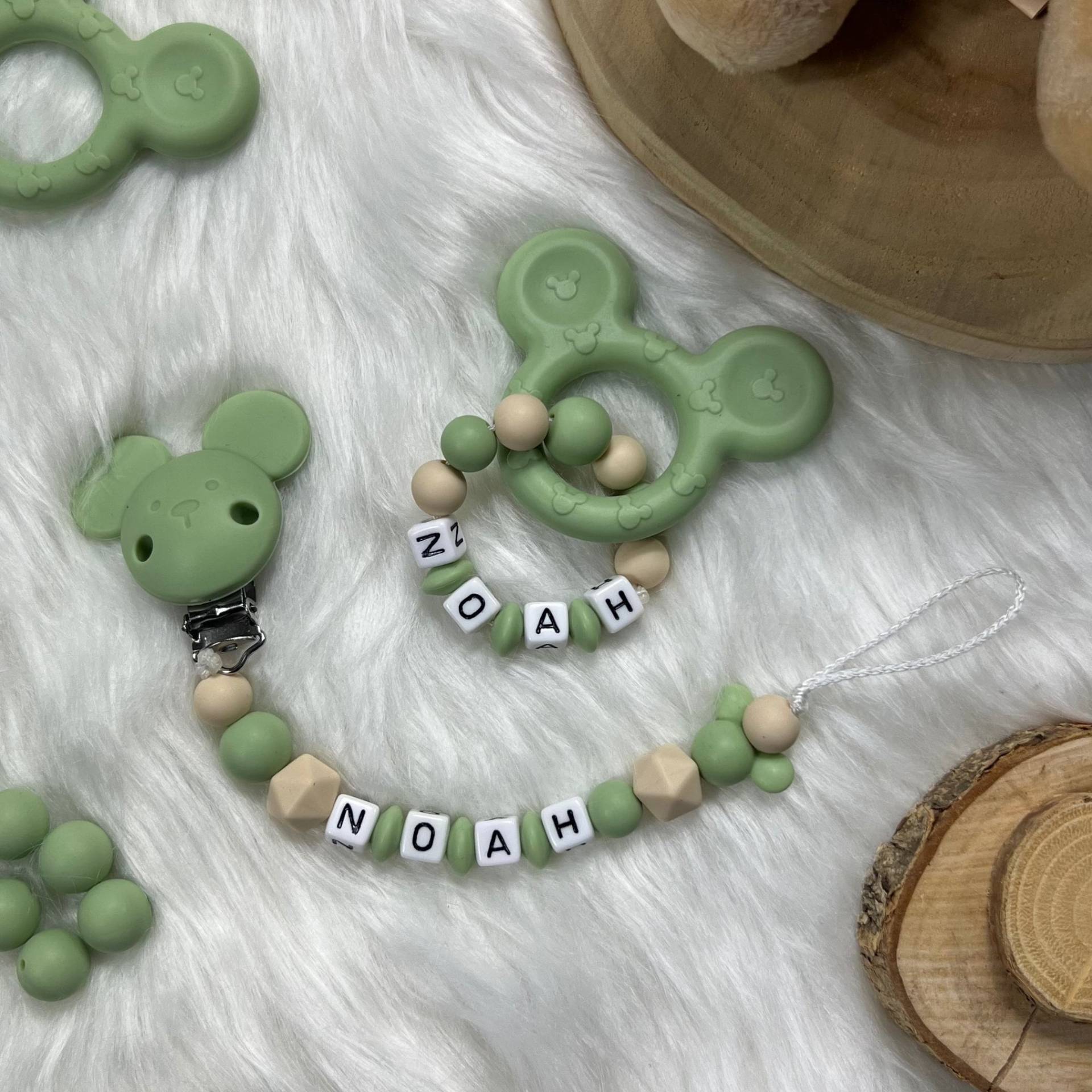 Schnullerkette Mit Namen | Set M | Greifling, Schnullerkette, Design Matcha Personalisiert Unikat Handgefertigt Geschenk von BabyKettchen