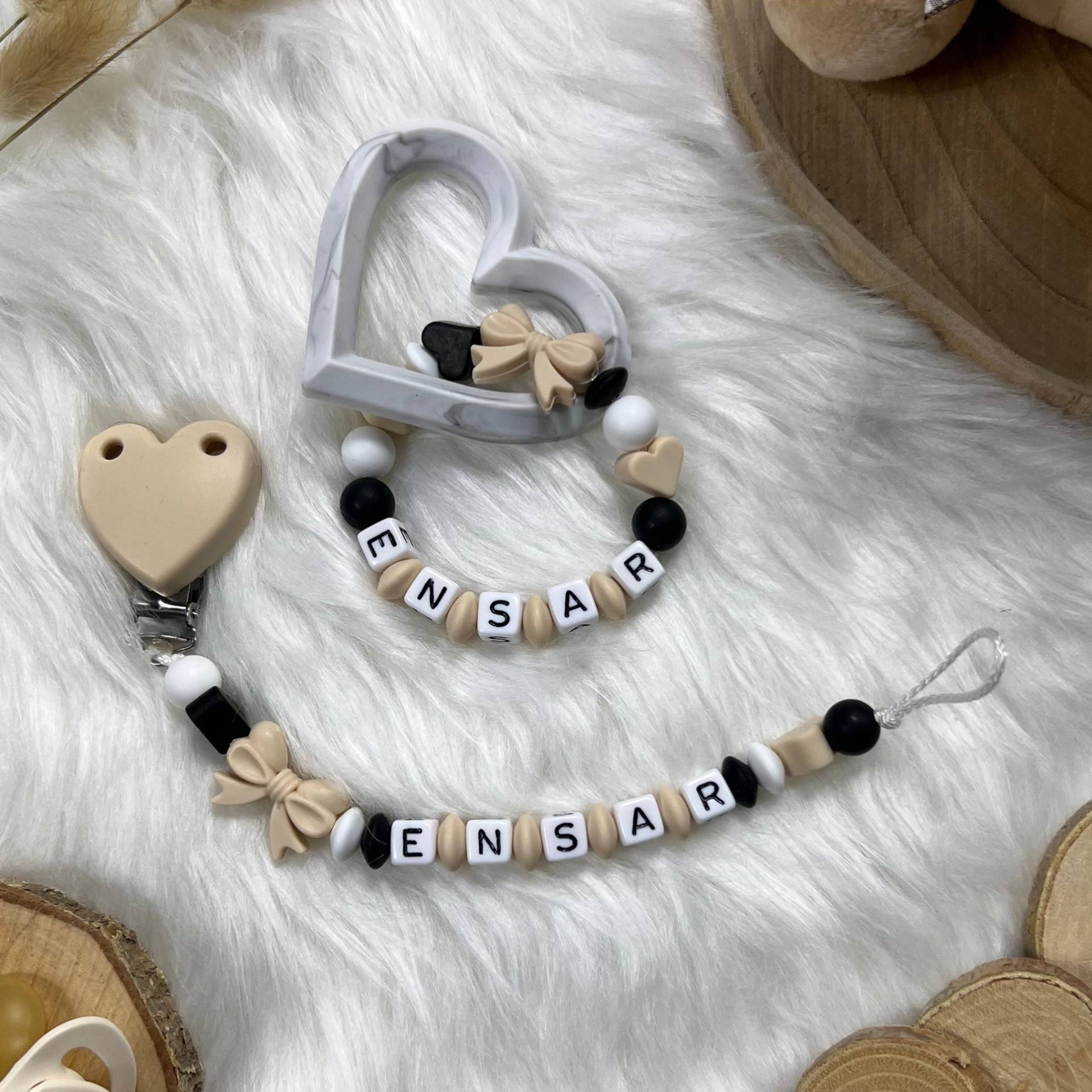 Schnullerkette Mit Namen | Set M | Greifling, Schnullerkette, Design Sweet Beige Personalisiert Unikat Handgefertigt Geschenk von BabyKettchen