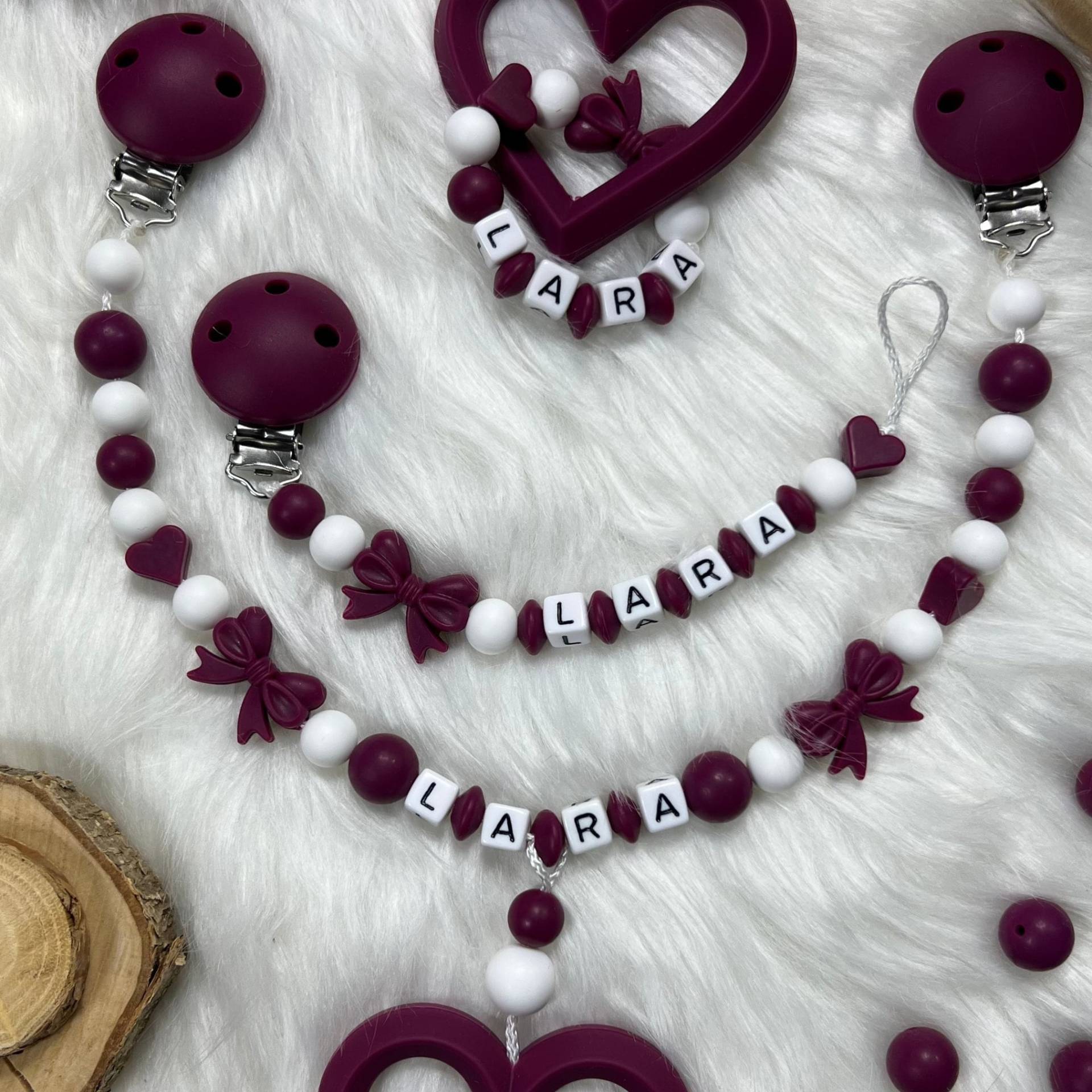 Set L | Greifling, Schnullerkette, Kinderwagenkette, Design Dark Red | Personalisiert Unikat Handgefertigt Geschenk von BabyKettchen