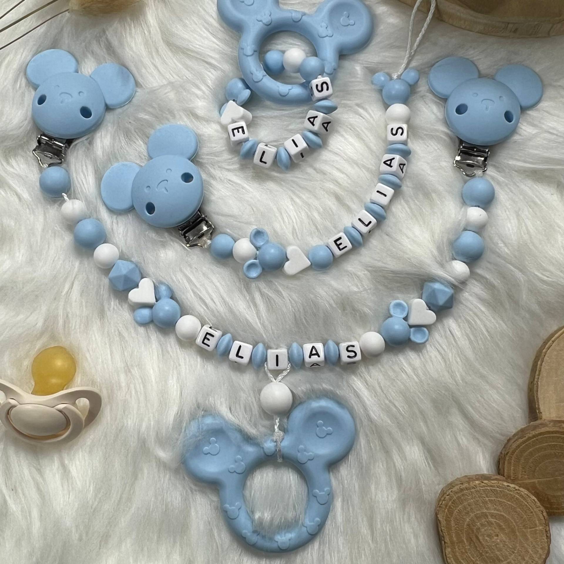 Set L | Greifling, Schnullerkette, Kinderwagenkette, Design Himmelblau | Personalisiert Unikat Handgefertigt Geschenk von BabyKettchen