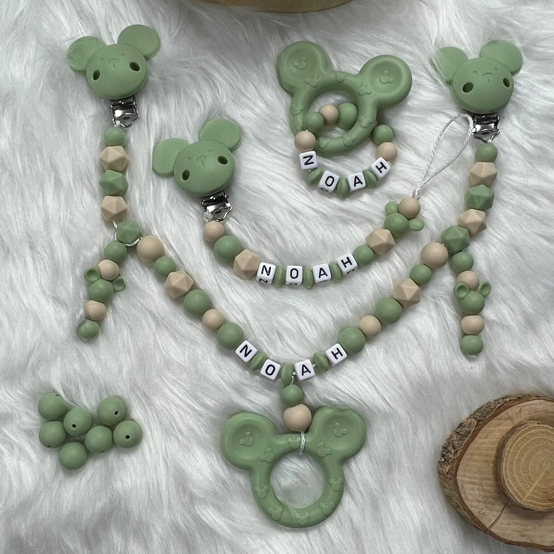 Set L | Greifling, Schnullerkette, Kinderwagenkette, Design Matcha | Personalisiert Unikat Handgefertigt Geschenk von BabyKettchen