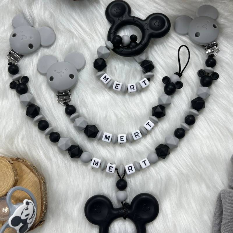 Set L | Greifling, Schnullerkette, Kinderwagenkette, Design Maus | Personalisiert Unikat Handgefertigt Geschenk von BabyKettchen