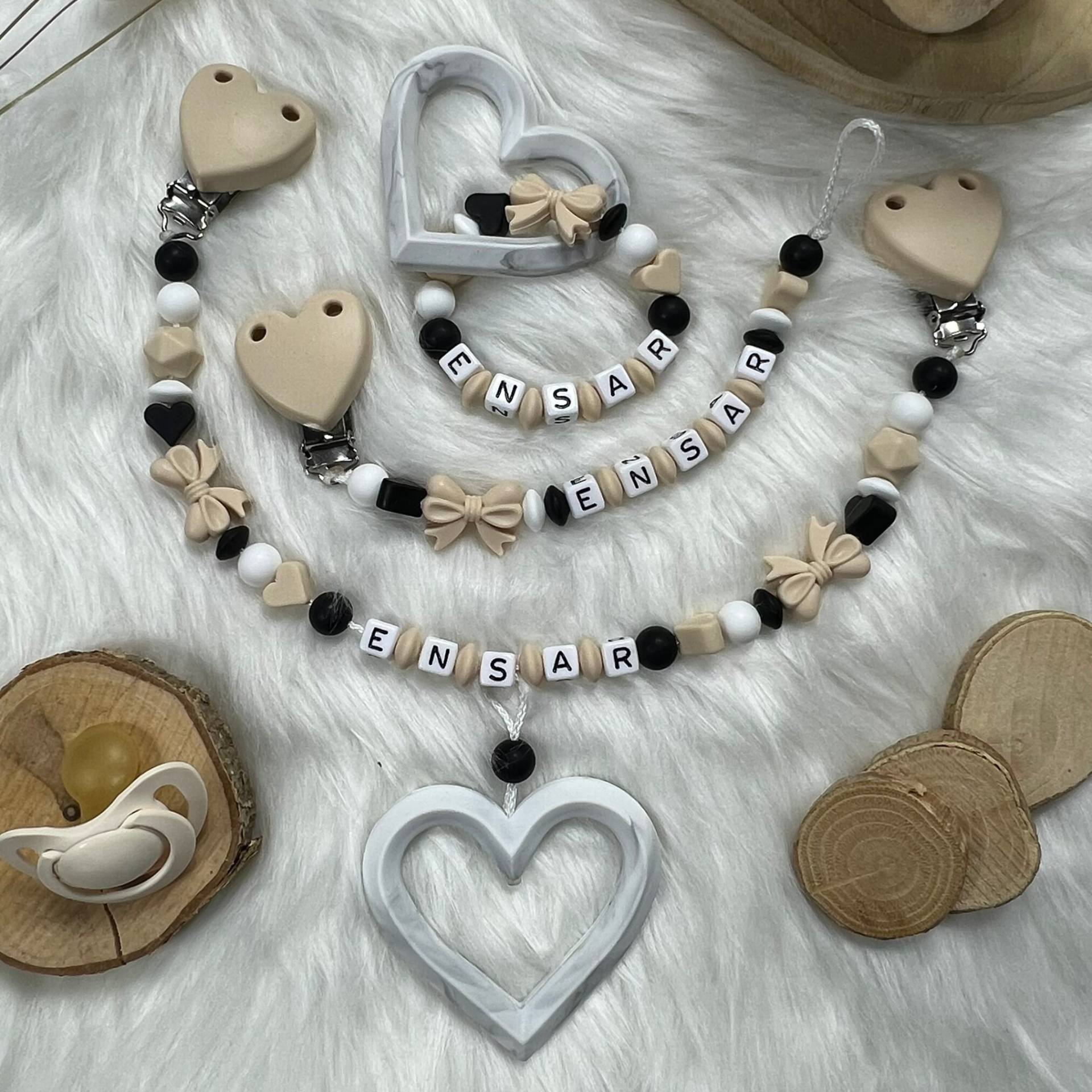 Set L | Greifling, Schnullerkette, Kinderwagenkette, Design Sweet Beige | Personalisiert Unikat Handgefertigt Geschenk von BabyKettchen