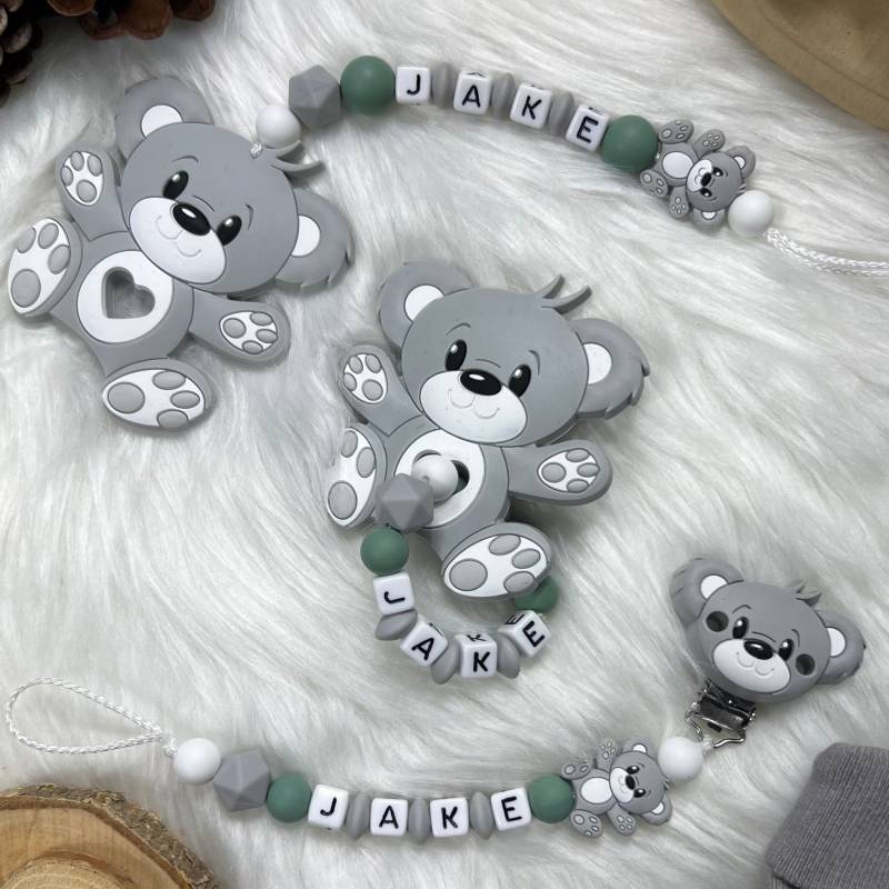 Set L | Greifling, Schnullerkette, Maxi-Cosi-Kette, Design Bärchen | Personalisiert Unikat Handgefertigt Geschenk von BabyKettchen