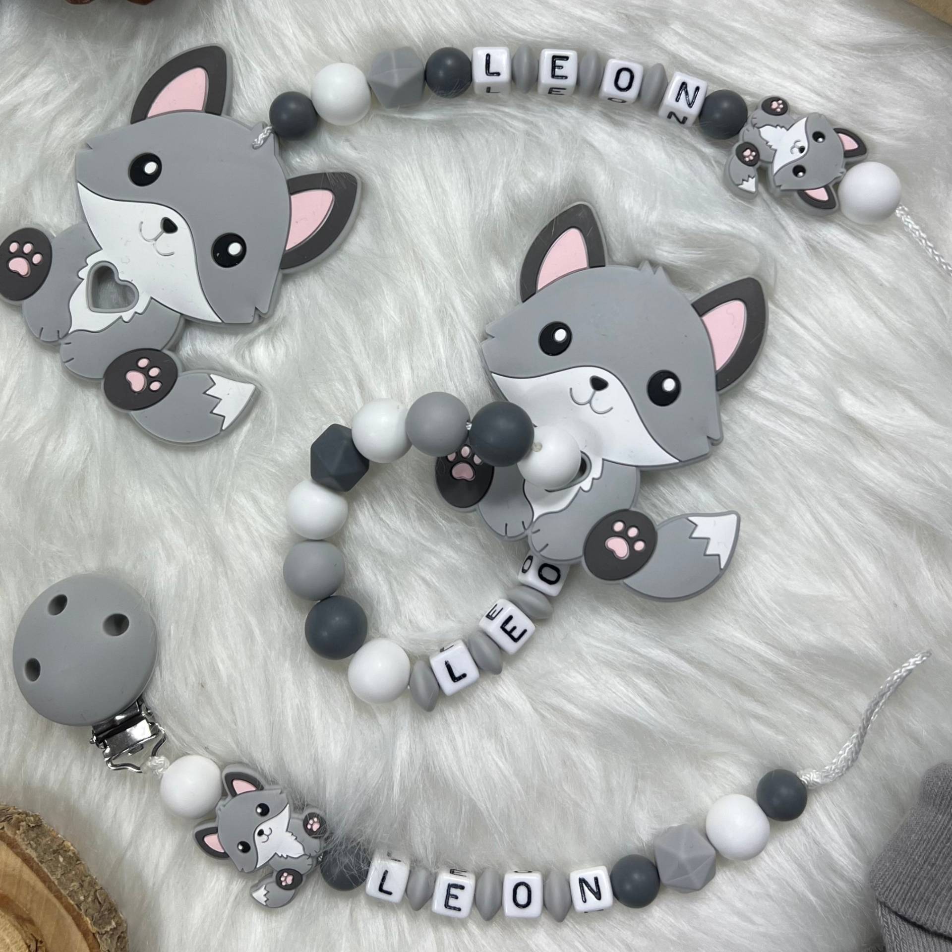 Set L | Greifling, Schnullerkette, Maxi-Cosi-Kette, Design Fuchs | Personalisiert Unikat Handgefertigt Geschenk von BabyKettchen