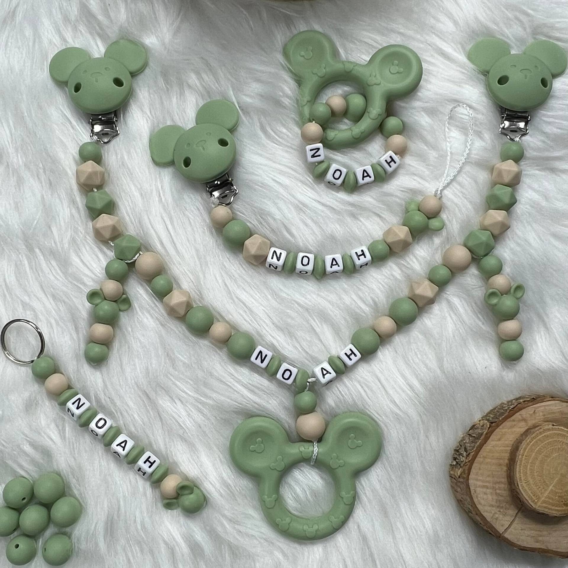 Set Xl | Schlüsselanhänger, Greifling, Schnullerkette, Kinderwagenkette, Design Matcha | Personalisiert Unikat Handgefertigt Geschenk von BabyKettchen