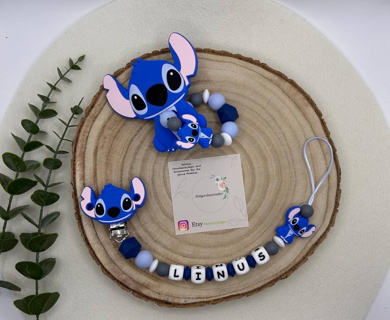 Schnullerkette Personalisiert, Greifling, Set, Stitch, Blau von Babyperlenparadies