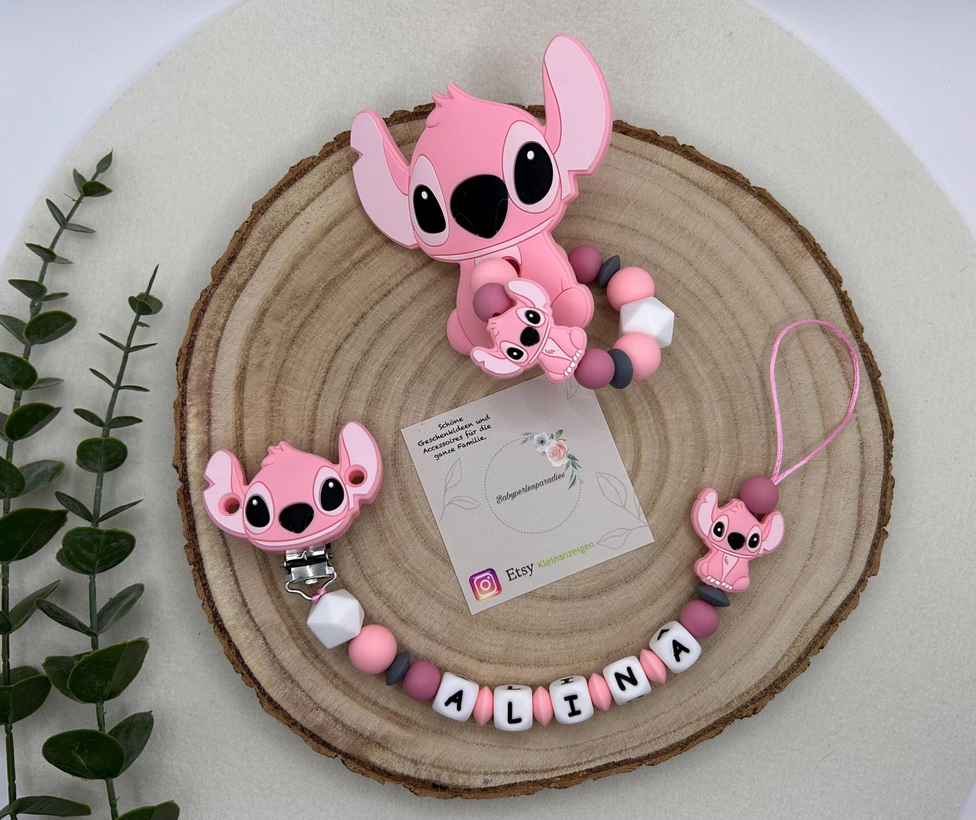 Schnullerkette Personalisiert, Greifling, Set, Stitch, Rosa von Babyperlenparadies