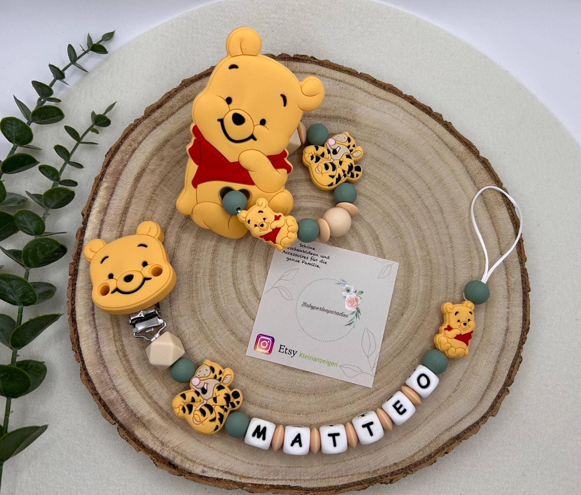 Schnullerkette Personalisiert, Greifring, Bär, Winnie Pooh von Babyperlenparadies