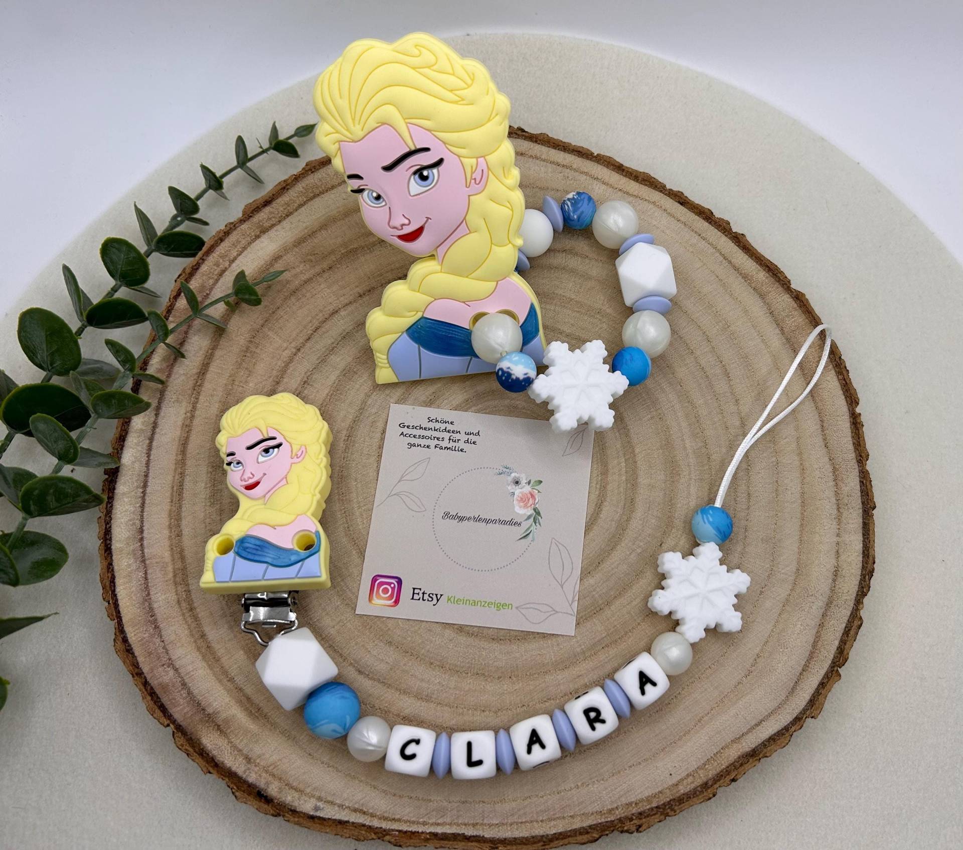 Schnullerkette Set, Schnullerkette, Greifring, Elsa, Schneeflocke, Baby Geschenke von Babyperlenparadies