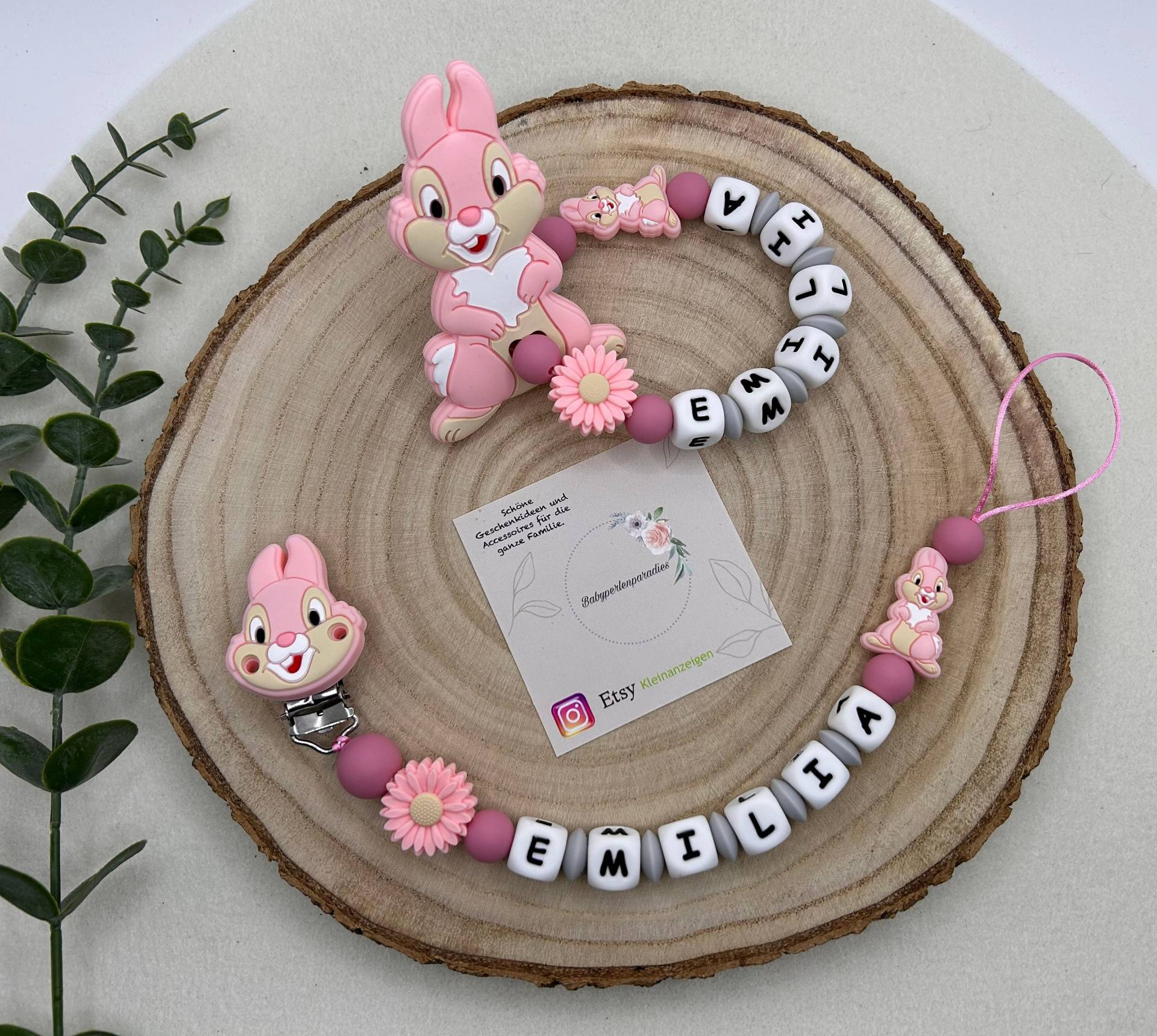 Schnullerkette Und Greifling, Personalisiert, Set, Hase, Rosa Hase von Babyperlenparadies