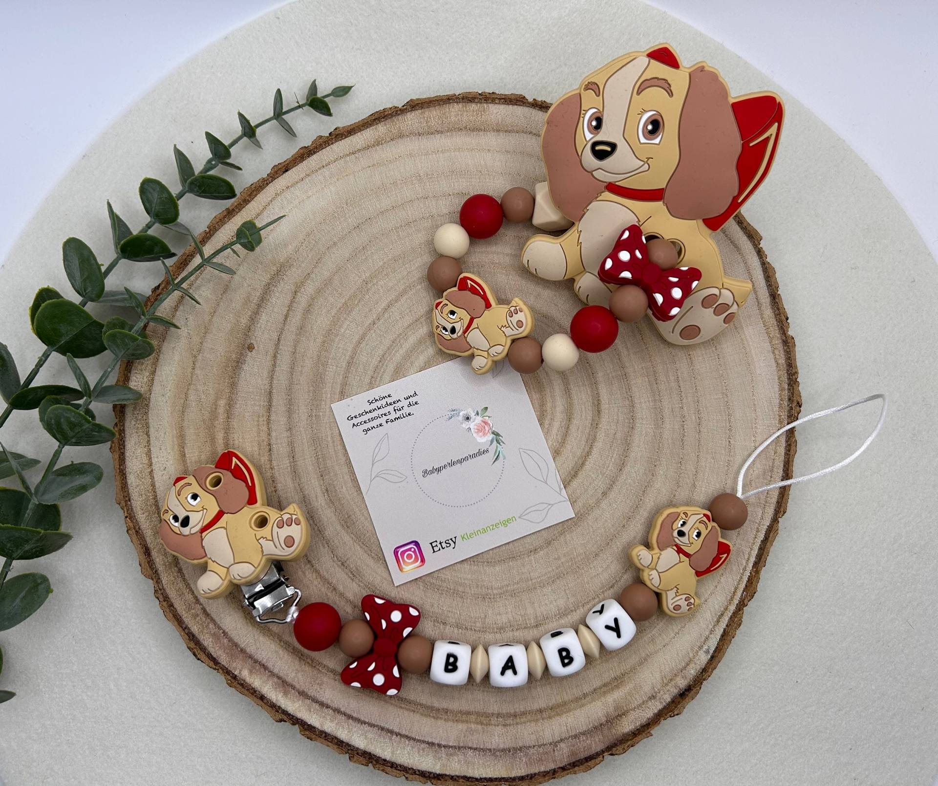 Schnullerketten Set, Hund, Hunde Dame, Susi, Hund Mit Schleife, Personalisierte Schnullerkette, Greifring, Susi Und Strolchi von Babyperlenparadies