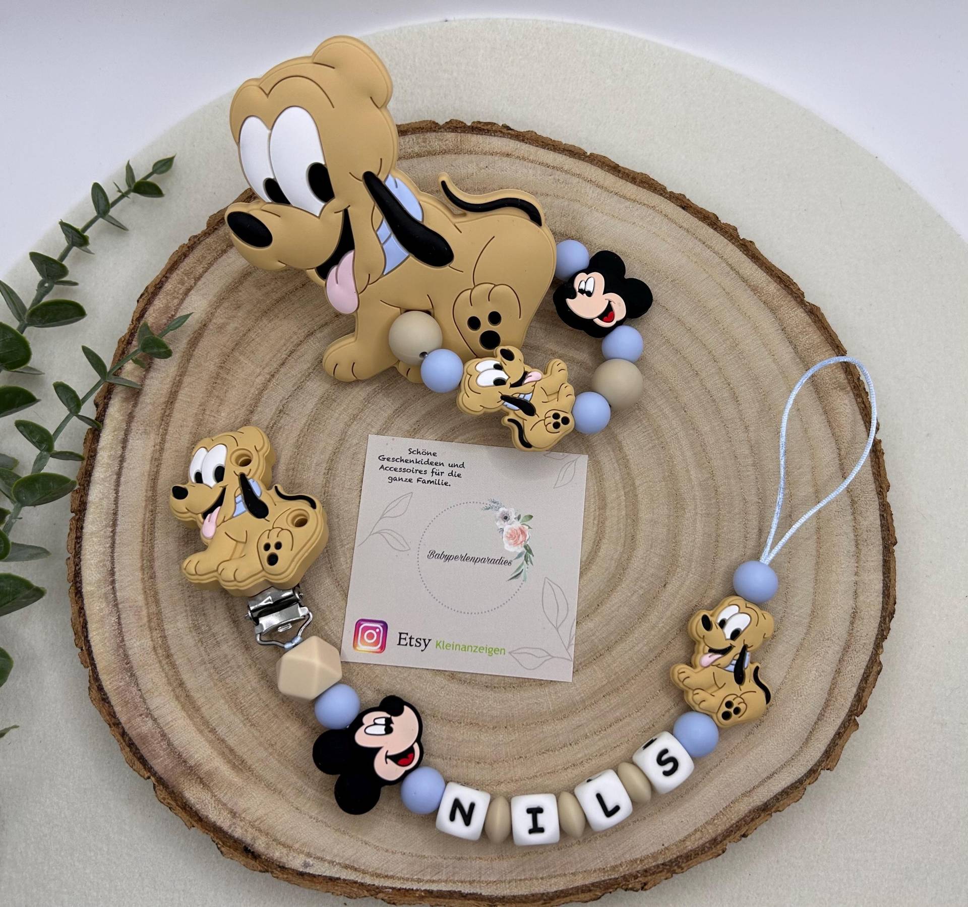 Schnullerketten Set, Personalisierte Schnullerkette, Greifring, Pluto, Hund, Bester Freund, Baby Geschenk von Babyperlenparadies