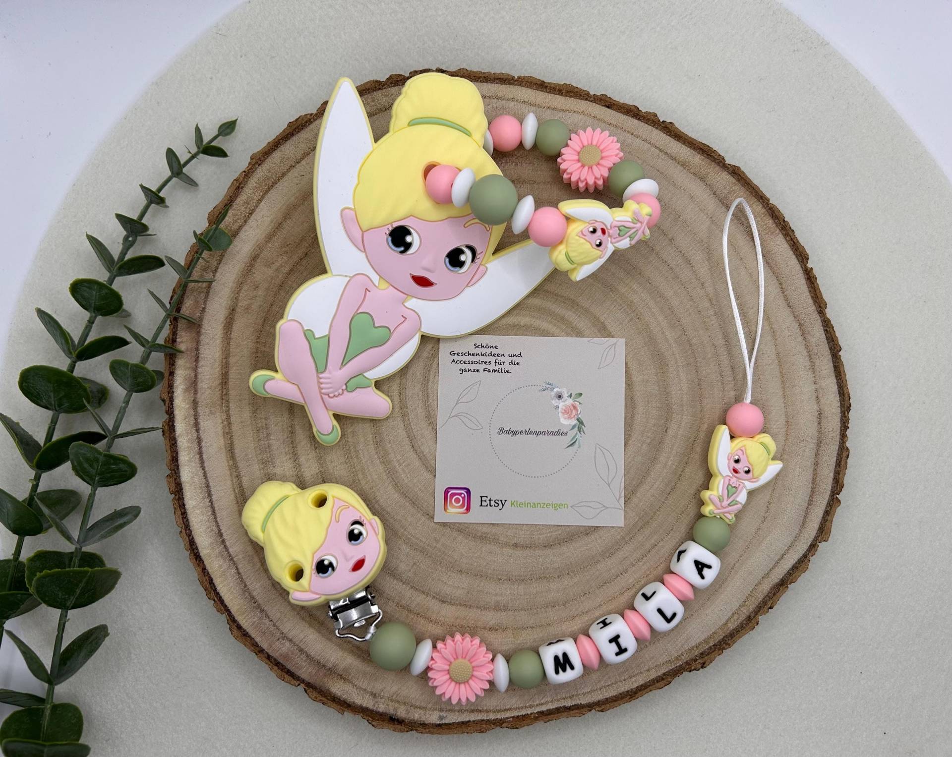 Tinkerbell, Set, Personalisierte Schnullerkette, Greifring, Silikon Für Babys, Blume, Peter Pan von Babyperlenparadies