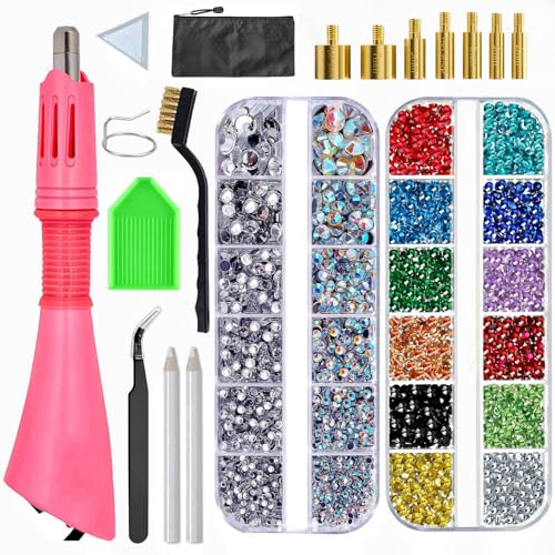 Baxczomx Hotfix Applikator Set, Hotfix Strasssteine Applikator mit 7 Applikatorspitzen, 2 Boxen Hotfix Strasssteine Glitzersteine für Textilien, Hotfix Strass Applikator für DIY Kleidung Schuhe von Bacxzomx