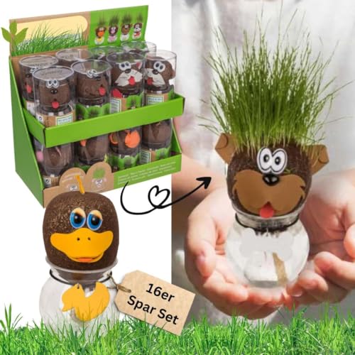 Bada Bing 16er Set DIY Grasköpfe Inklusive Wasserbehälter - Tierköpfe mit Rasensamen- Lustiges Experiment für Kinder - Verschiedene Tiere - Spaß mit Lerneffekt - Kindergeburtstag Ostern Mitgebsel von Bada Bing