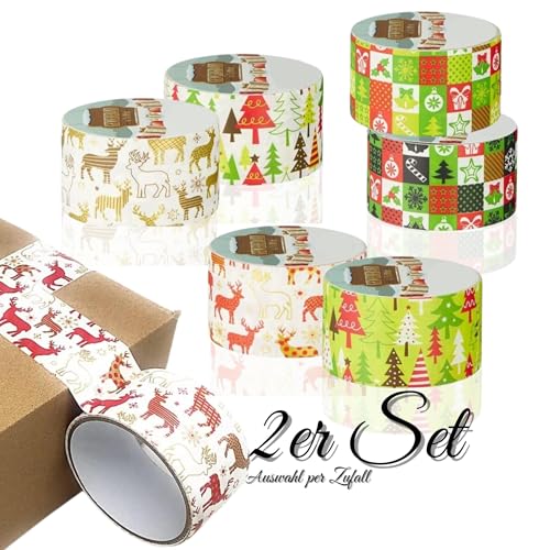 Bada Bing 2er Set Gewebeband bunt für Weihnachten Klebeband mit Weihnachtsmotiv Paketband stabiles Washi Tape 4,8 cm breit zum Basteln, Kleben, Geschenke verpacken für Kinder geeignet 65 von Bada Bing