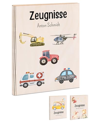 Bärenfreunde® - Personalisierte Zeugnismappe aus Holz mit hochwertigem Spezial-Druck - Einschulung Geschenk - Zeugnismappe Jungen & Zeugnismappe Mädchen (5 Fahrzeuge) von Bärenfreunde