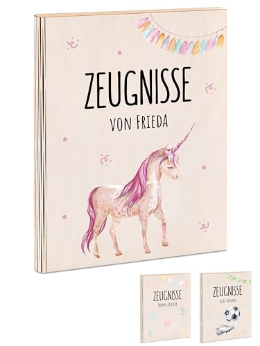 Bärenfreunde® - Personalisierte Zeugnismappe aus Holz mit hochwertigem Spezial-Druck - Einschulung Geschenk - Zeugnismappe Jungen & Zeugnismappe Mädchen (Einhorn Girlande) von Bärenfreunde