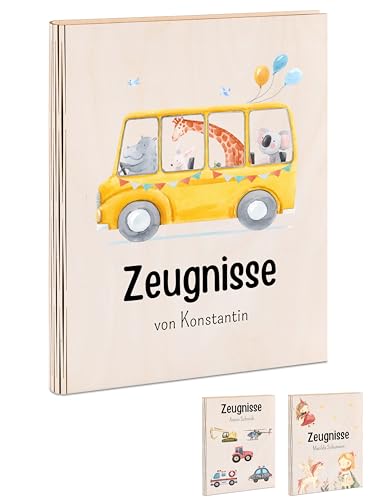 Bärenfreunde® - Personalisierte Zeugnismappe aus Holz mit hochwertigem Spezial-Druck - Einschulung Geschenk - Zeugnismappe Jungen & Zeugnismappe Mädchen (Tiere im Bus) von Bärenfreunde