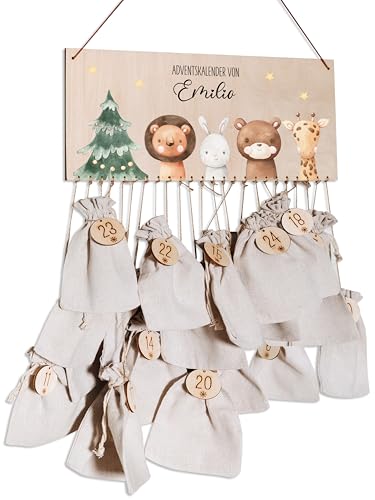 Bärenfreunde® - Personalisierter Adventskalender zum selber befüllen - mit kinderfreundlichem Druck auf Holz - mit Juteschnur Jutesäckchen und Holzzahlen (Babytiere Weihnachtsbaum) von Bärenfreunde