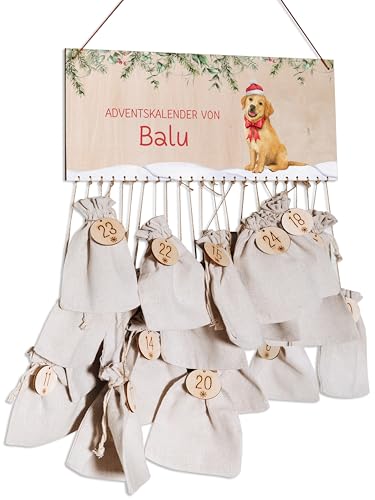 Bärenfreunde® - Personalisierter Adventskalender zum selber befüllen - mit kinderfreundlichem Druck auf Holz - mit Juteschnur Jutesäckchen und Holzzahlen (Hund) von Bärenfreunde