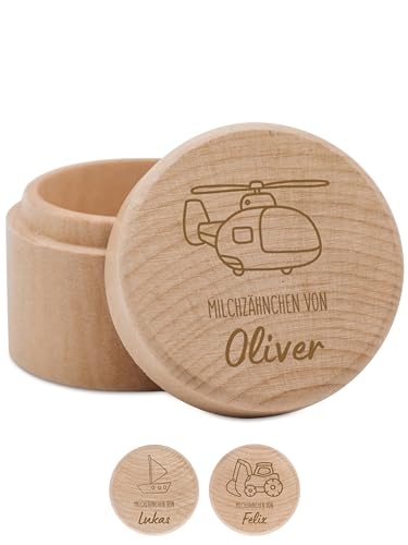 Bärenfreunde - Milchzahndose personalisiert aus Holz mit hochwertiger Gravur - Zahndose Milchzähne als Erinnerung an die ersten Zähnchen (Helikopter) von Bärenfreunde