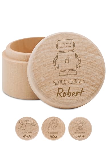 Bärenfreunde - Milchzahndose personalisiert aus Holz mit hochwertiger Gravur - Zahndose Milchzähne als Erinnerung an die ersten Zähnchen (Roboter) von Bärenfreunde