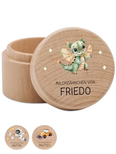 Bärenfreunde - Milchzahndose personalisiert aus Holz mit kinderfreundlichem UV-Druck - Zahndose Milchzähne als Erinnerung an die ersten Zähnchen (Drache) von Bärenfreunde