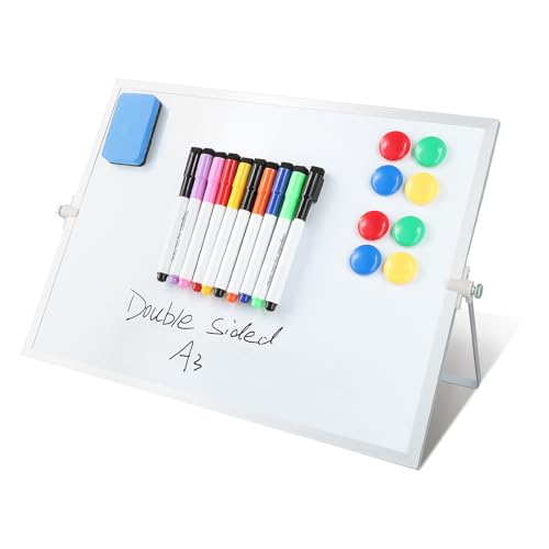 A3 Whiteboard Magnetisches Schreibtisch-Whiteboard, A3, doppelseitig, trocken abwischbar, kleines Whiteboard mit Ständer, A3 Mini-Whiteboard, 10 Stifte, 1 Radiergummi, 1 Bleistiftclip, 8 Magnete von Bafeil