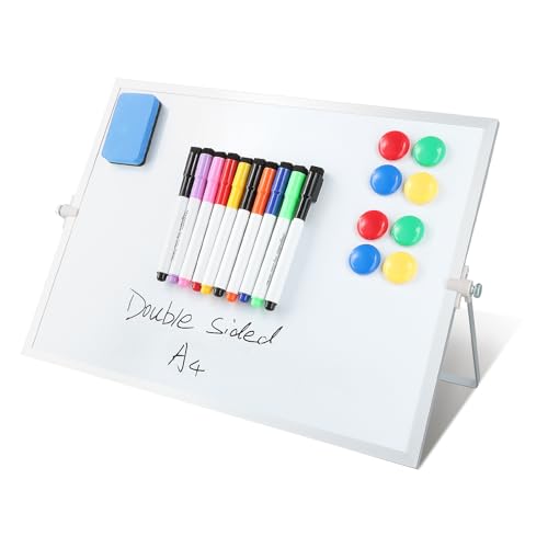 A4 Whiteboard Magnetisches Schreibtisch-Whiteboard, A3, doppelseitig, trocken abwischbar, kleines Whiteboard mit Ständer, A4 Mini-Whiteboard, 10 Stifte, 1 Radiergummi, 1 Bleistiftclip, 8 Magnete von Bafeil