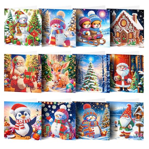 Diamond Painting Weihnachten,12 Stück Diamond Painting Karten, Diamond Painting Weihnachtskarten mit Umschlag Set,5D Diamond Painting Klein 15x15 Diamond Painting Deko Weihnachten Geschenke (style-4) von Bafiwu