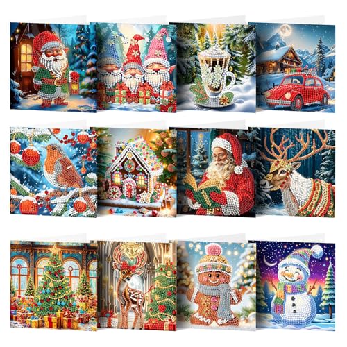 Diamond Painting Weihnachten,12 Stück Diamond Painting Karten, Diamond Painting Weihnachtskarten mit Umschlag Set,5D Diamond Painting Klein 15x15 Diamond Painting Deko Weihnachten Geschenke (style-3) von Bafiwu