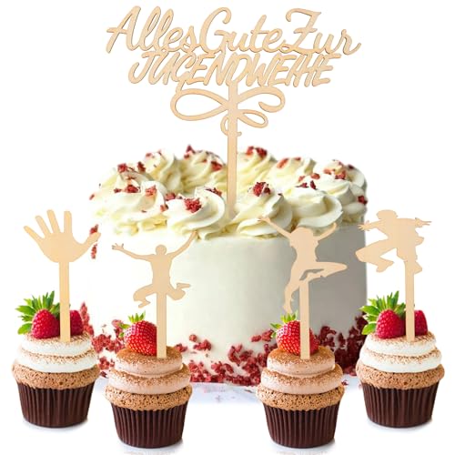 Jugendweihe Tortendeko Set, 5 Stück Cake Topper, Kuchen Dekoration für Jungen und Mädchen, Holz (5 pcs) von Bafiwu