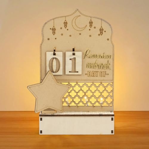 Ramadan Deko,Ramadan Kalender Aus Holz mit LED Lichterkette,Umrah Mubarak Deko,DIY Familienkalender Ramadan Dekoration (Holzfarbe) von Bafiwu