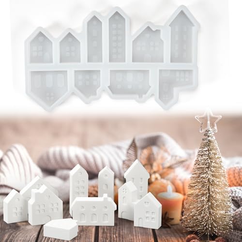 Silikonform Weihnachten, Silikonformen Weihnachten, 10 Stück Mini Silikonformen Gießformen Haus, DIY Silikonform Haus Gießformen Silikon Gießform Giessformen Silikon Gießformen für Beton von Bafiwu