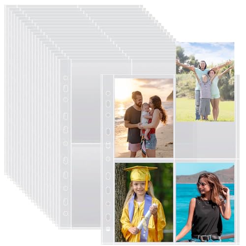 50er Pack A4 Fotohüllen mit 400 Fächern für 2/3/4-Ringordner, Transparente Postkartenhüllen mit 4 Fächern, Klarsichthüllen a4, Top Loading Nachfüllseiten für Fotoalben (109x153 mm). von Bafumiu