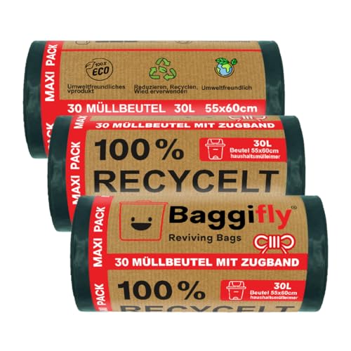 Baggifly Müllbeutel 30L, 90 Stück, Extra Reißfest, 100% Recycelt, Mit Tragegriffen, Umweltfreundlich, Perfekt für den Haushalt, 3 Rollen à 30 Beutel, In Europa hergestellt von Baggifly Reviving Bags