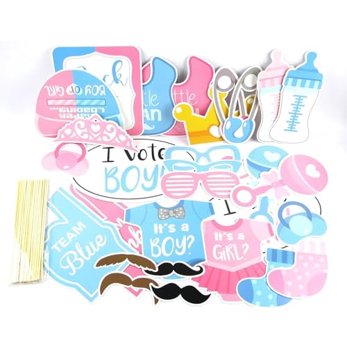 Bailinks 30 Stück Babyparty Foto Requisiten - Gender Reveal Party Deko Set für Baby Shower, Rosa und Blau Photo Booth Props für Jungen und Mädchen, Babydusche Neugeborene Fotoaccessoires, Handheld-Sel von Bailinks