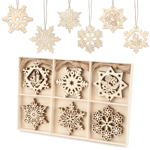 Holz-Anhänger Schneeflocken Baumschmuck, 30 Stück Holz Weihnachten Deko Weihnachtsbaumschmuck mit Juteseil, Weihnachts- Hängeornamente Christbaumschmuck für DIY Basteln Geschenke - 8cm von Baimuni